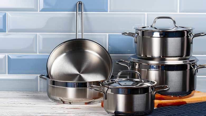 pots and pans stack on counter