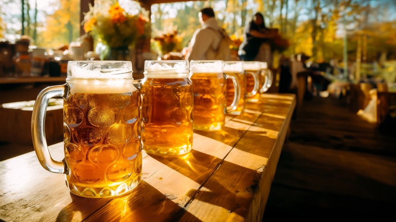 a line of beer glasses