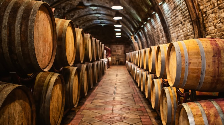 cellar with wine barrels