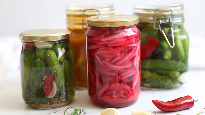 Pickled red onions and cucumbers