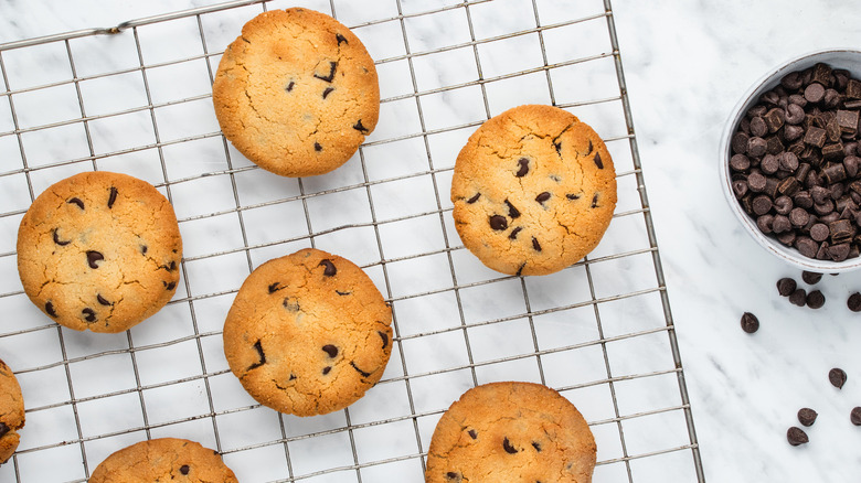 chocolate chip cookies on cooling rack 