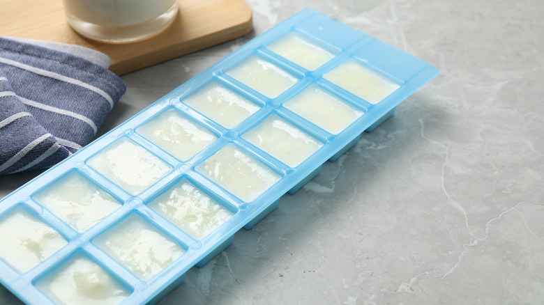 Blue ice cube tray filled with almond milk