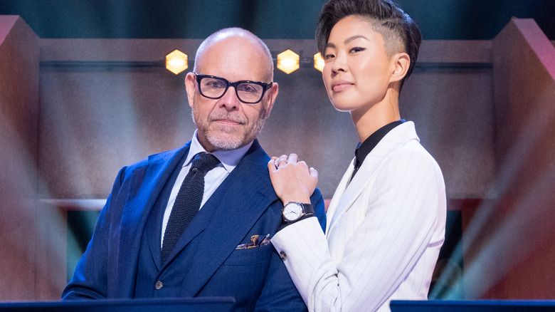 Alton Brown and Kristen Kish on "Iron Chef" set