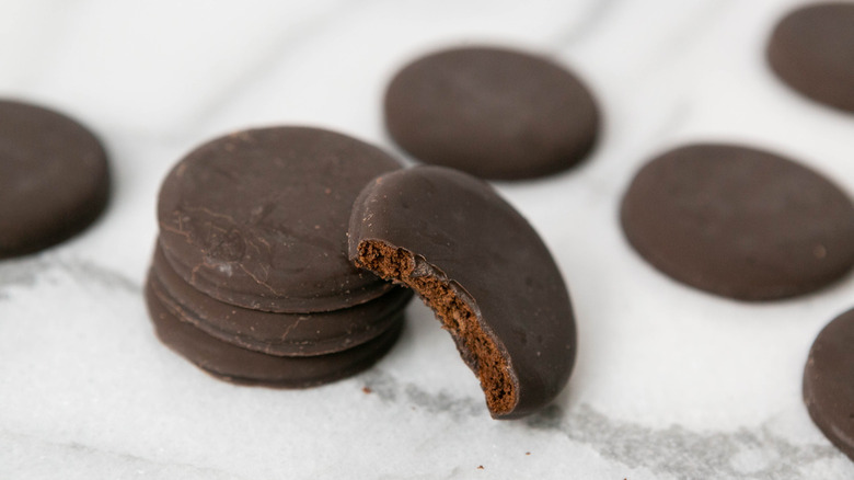 Girl Scouts Thin Mints cookies on marble background