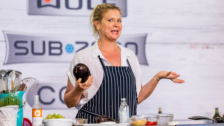 Amanda Freitag speaking while cooking