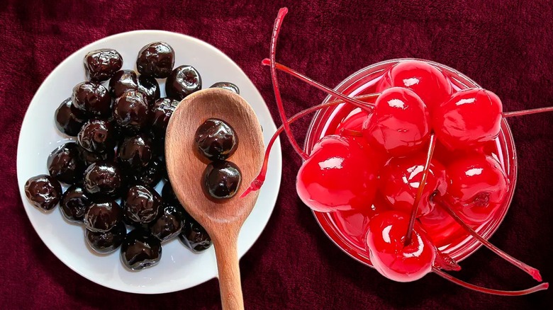 Bowls of Amarena and maraschino cherries