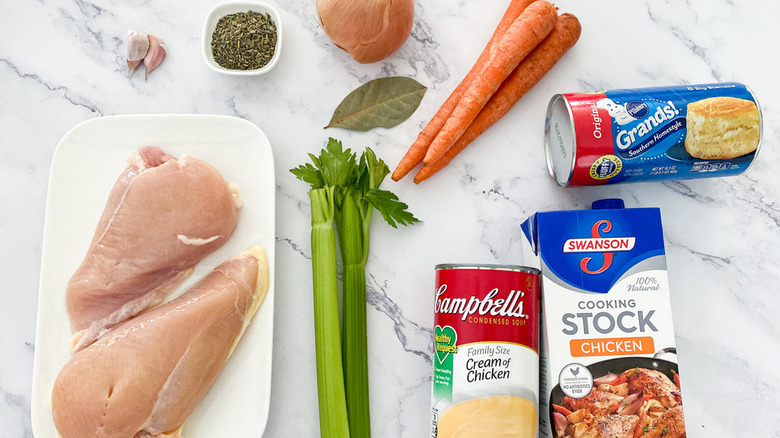 chicken breast, Pillsbury Grands biscuits, Swanson chicken stock, Campbell's Cream of Chicken soup, veggies and herbs for chicken and dumplings