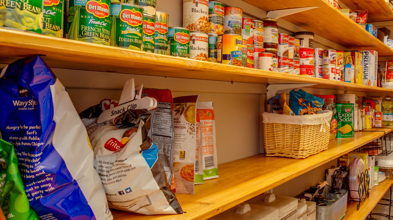 pantry shelves lined with chips and canned food