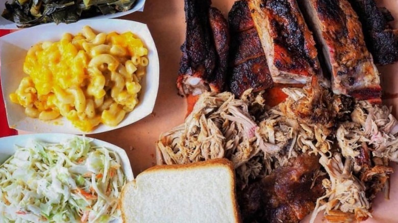 Barbecue from Rodney Scotts, including ribs and sides