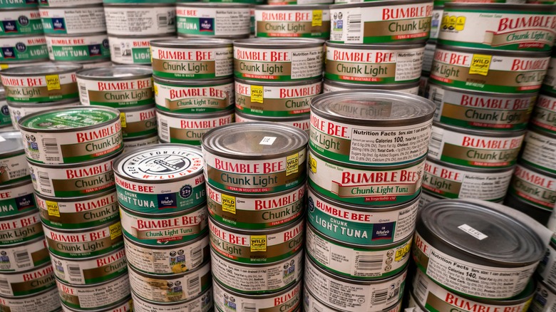 Canned tuna on grocery shelf