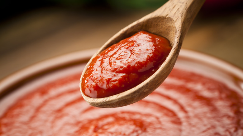 Wooden spoon full of tomato sauce