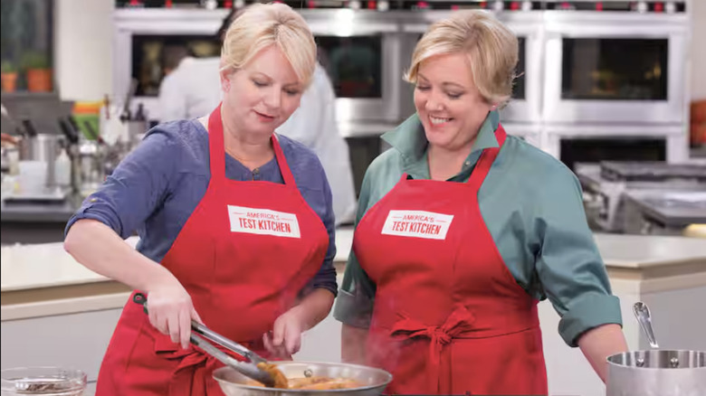 Julia Collin Davison and Bridget Lancaster cooking on