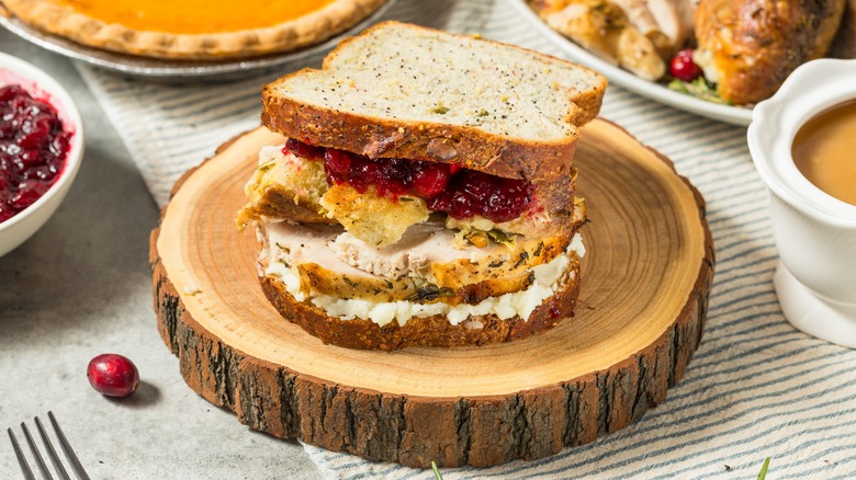 Leftover turkey sandwich with stuffing and cranberries