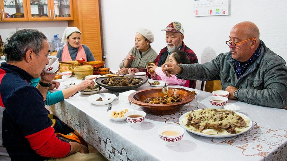 Andrew Zimmern on set of Bizarre Foods