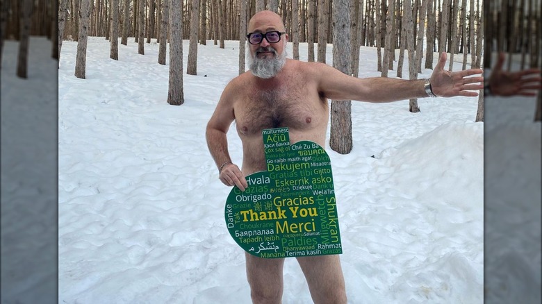 Andrew Zimmern unclothed in snow