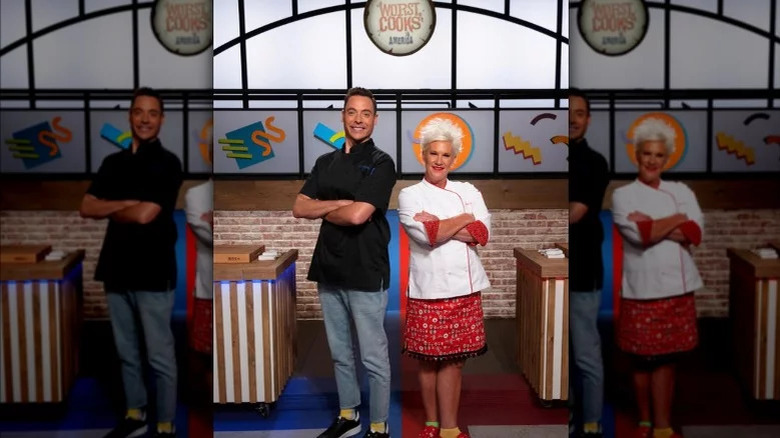 Anne Burrell and Jeff Mauro smiling on Worst Cooks in America set