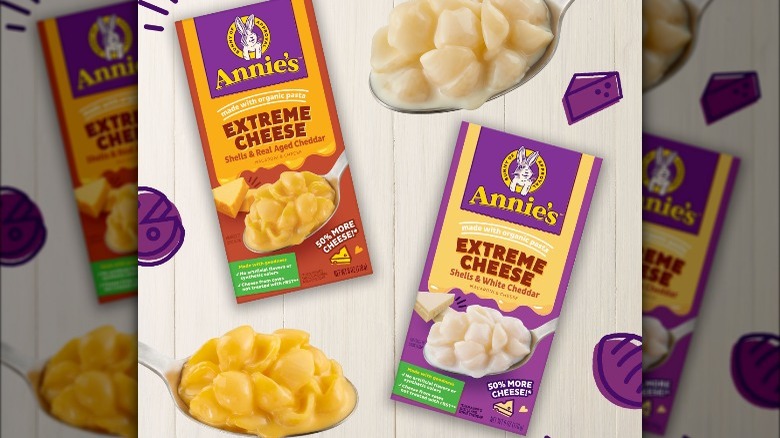 boxes of annie's extreme cheese in aged cheddar and white cheddar flavors, two spoons and each spoon has one type of mac and cheese on it
