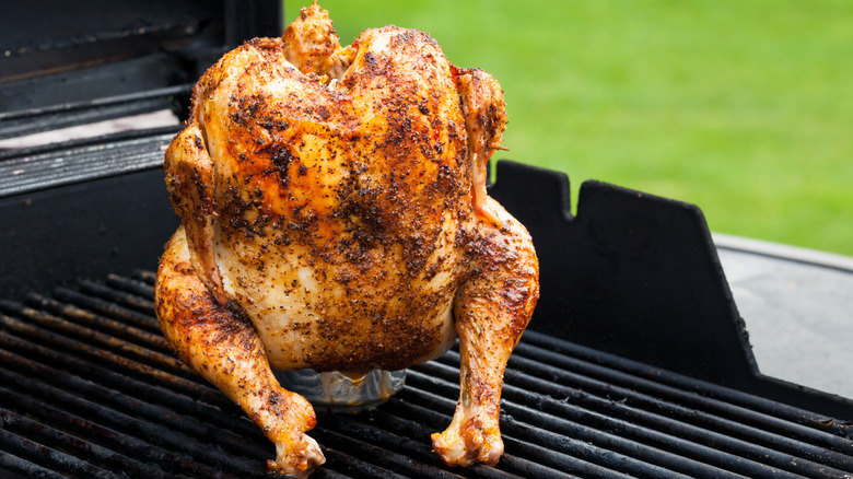 Beer can chicken on grill