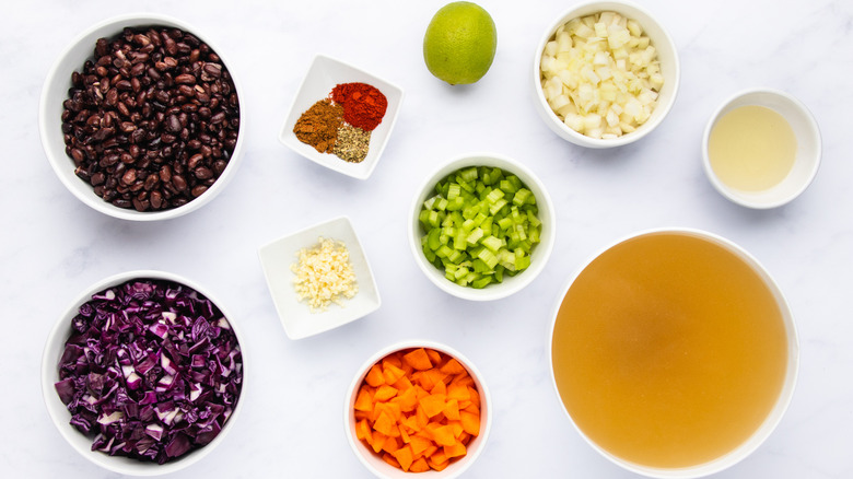 Purple black bean soup ingredients laid out