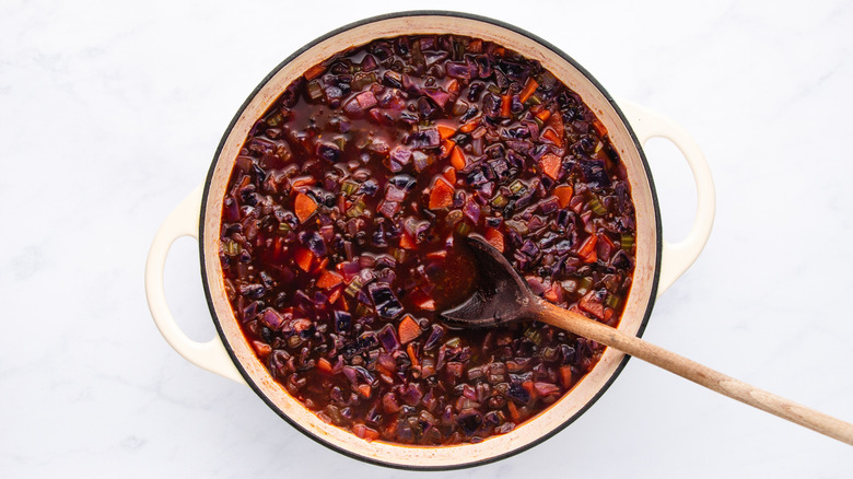 Red cabbage black bean soup in pot