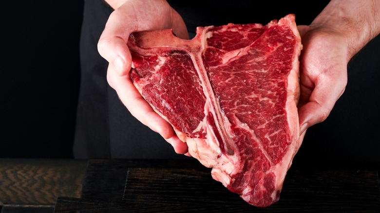 Hands holding T-bone steak