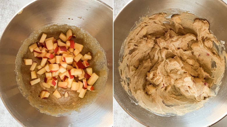 chopped apples on wet ingredients