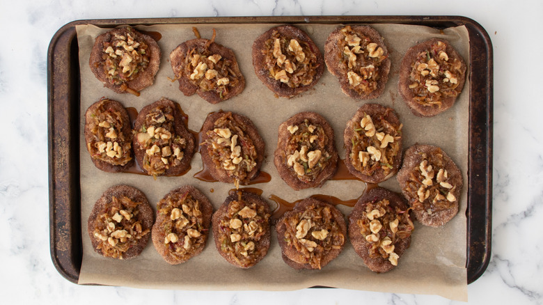 Biscuits with apple mixture and chopped walnuts