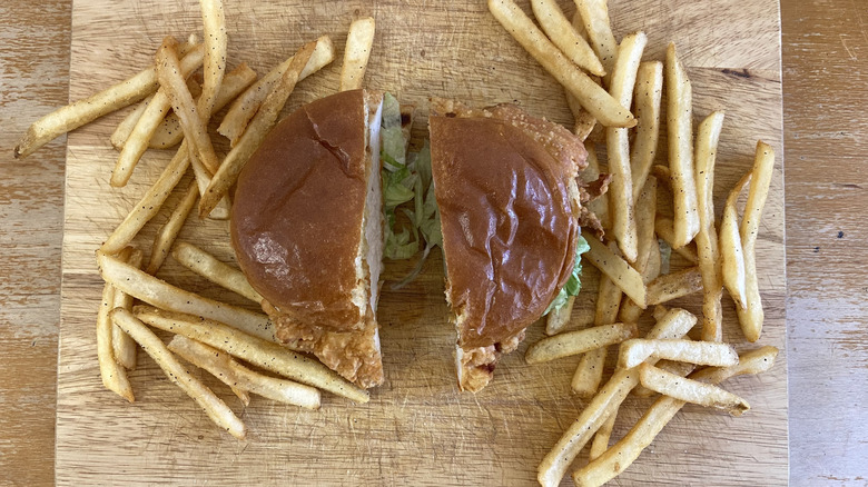 Applebee's sandwich and fries top-down