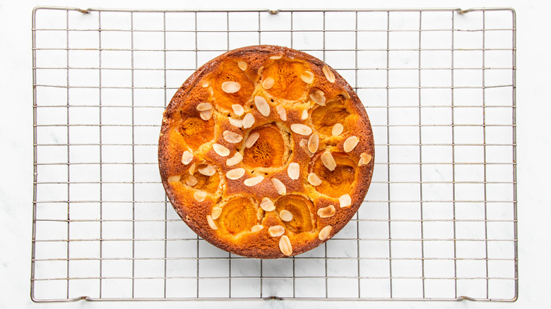 apricot almond cake on wire rack