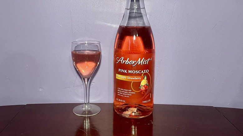 bottle of light pink wine