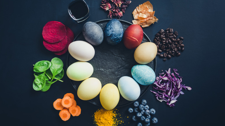 Naturally dyed eggs arranged in circle