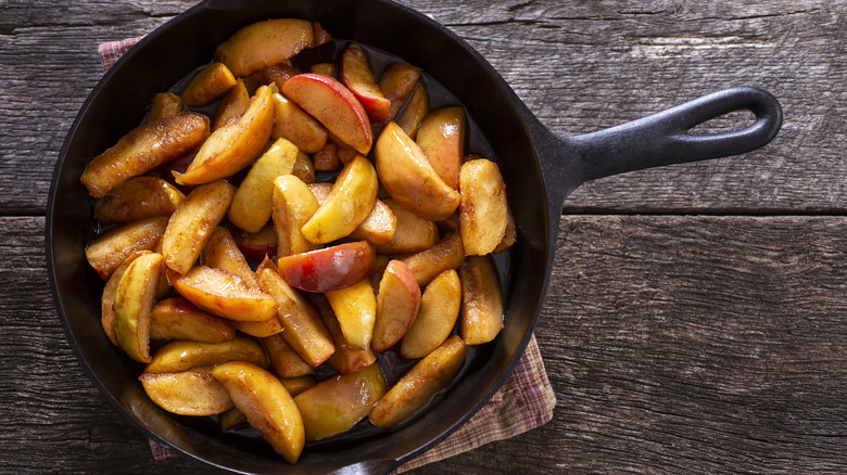 Cooked apples in cast iron skillet