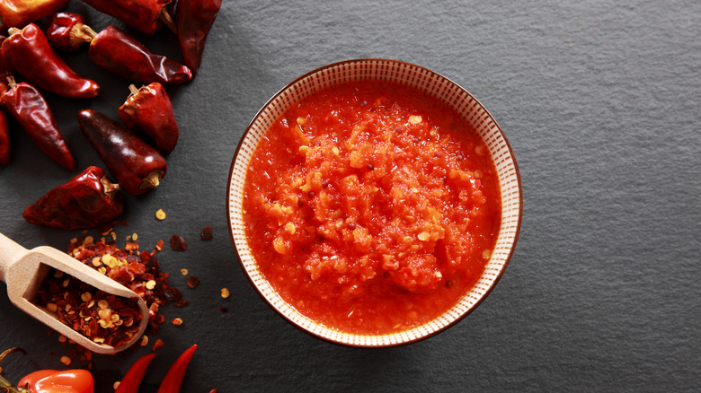 Bowl of spicy salsa made with peppers