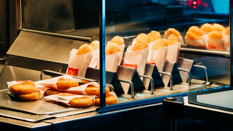 Rows of McDonald's hash browns in a warmer