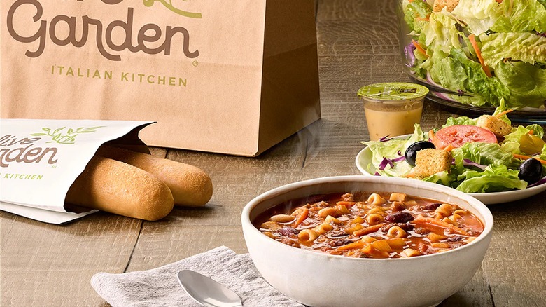 Olive Garden soup bowl, salad, and bread sticks