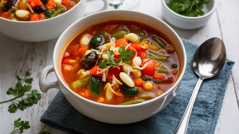 minestrone soup in a white bowl topped with parsley