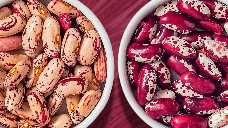 A bowl of pinto beans on the left with cave beans on the right