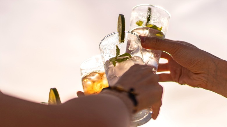 Hands holding glasses with citrus slices