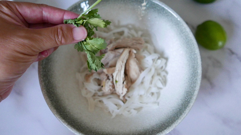 noodles and chicken in bowl 