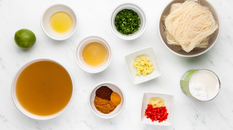 Coconut curry noodles ingredients laid out