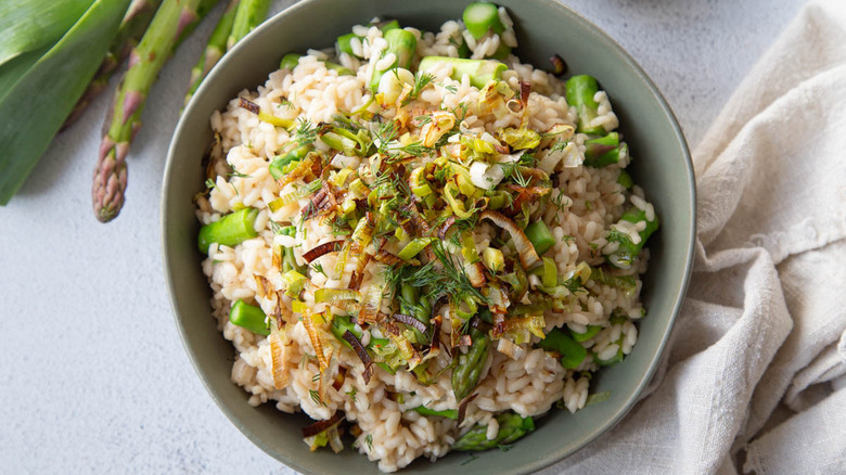 asparagus leek risotto in bowl