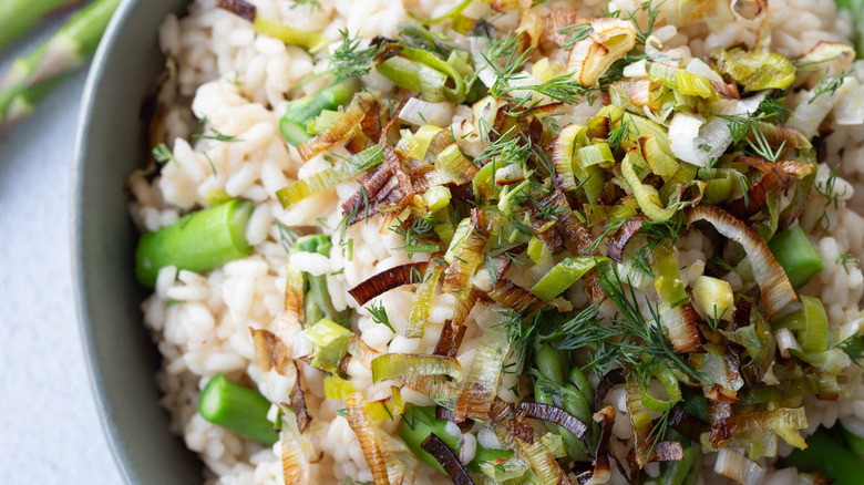 closeup asparagus leek risotto