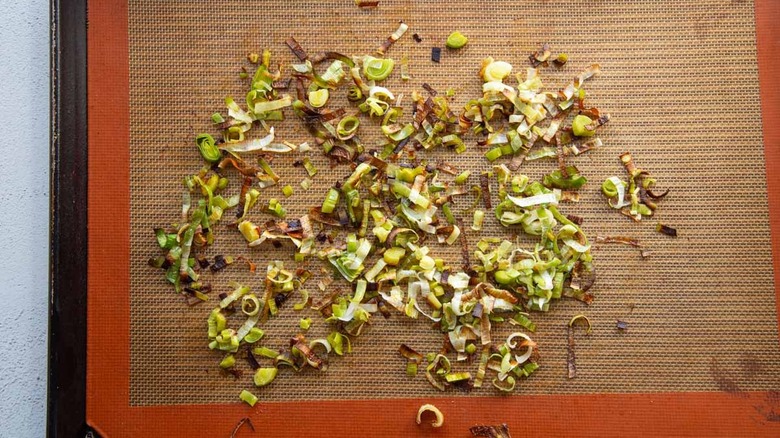 roasted crispy leeks on baking sheet