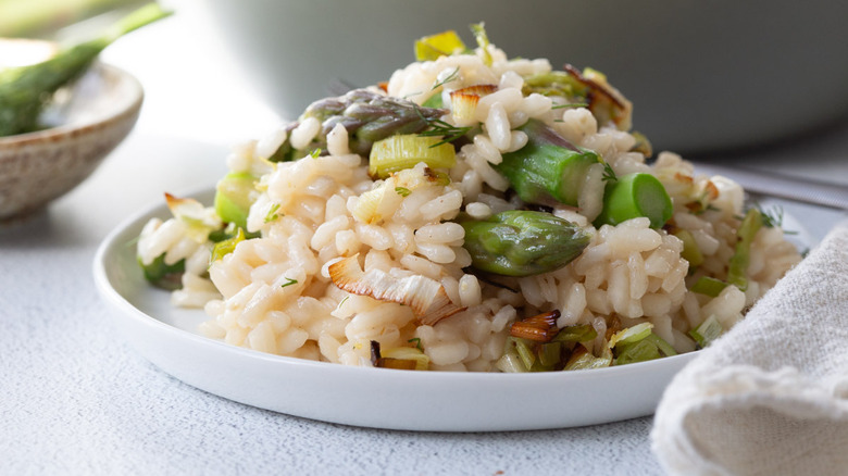 asparagus leek risotto on plate