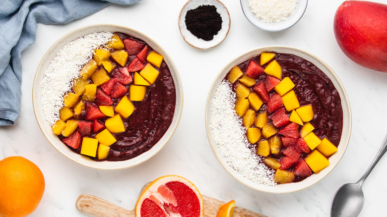 Two mango citrus acai bowls