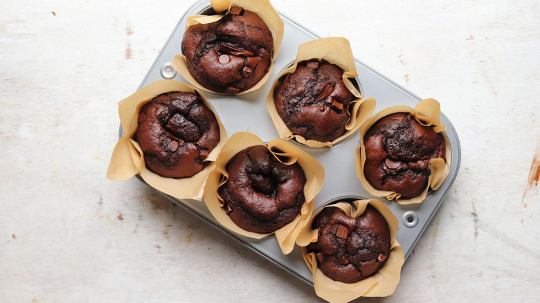 chocolate muffins in pan