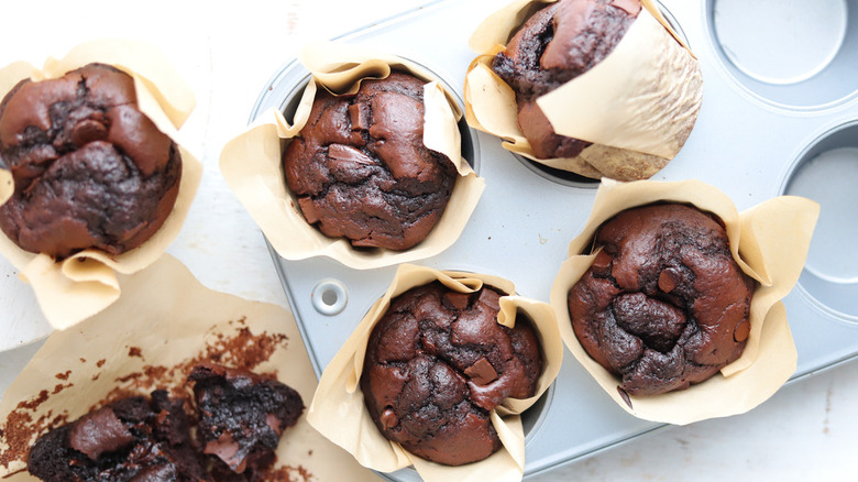 chocolate muffins in pan