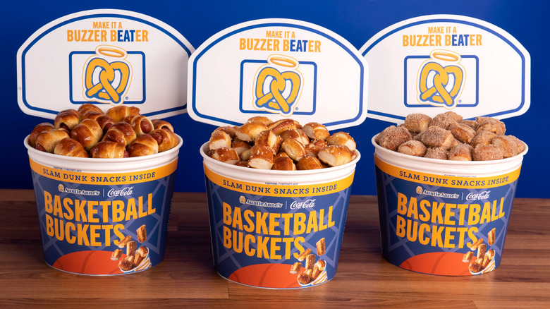 Three Auntie Anne's pretzel buckets