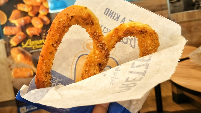 Auntie Anne's pretzel wrapped in paper