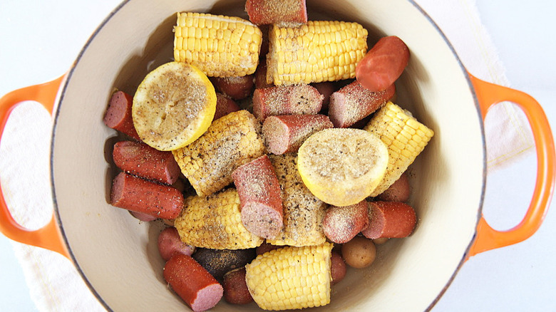pot of corn and sausage